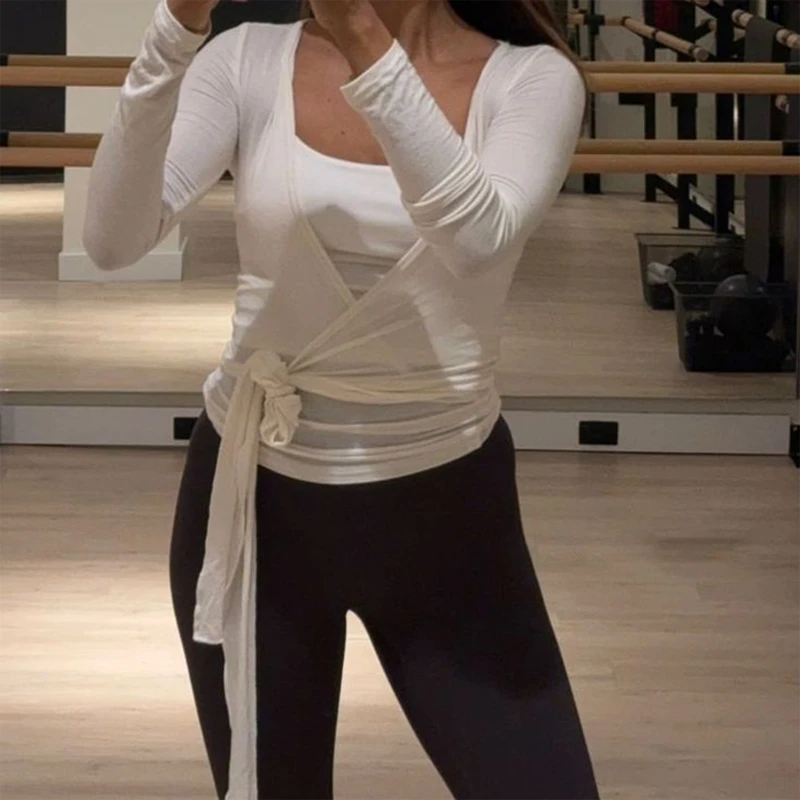 Ladies Yoga Workout Blouses Tees Women Cross Wrap Tie Crop Tops Fashion Long Sleeve Deep V Neck Solid Color Slim Fit T-Shirts image 5