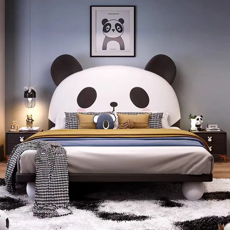 ！@High Grade Animal Cute Kids Twin Bed with Revolving Leather Panda Bed Animal Leather Beds for Kids