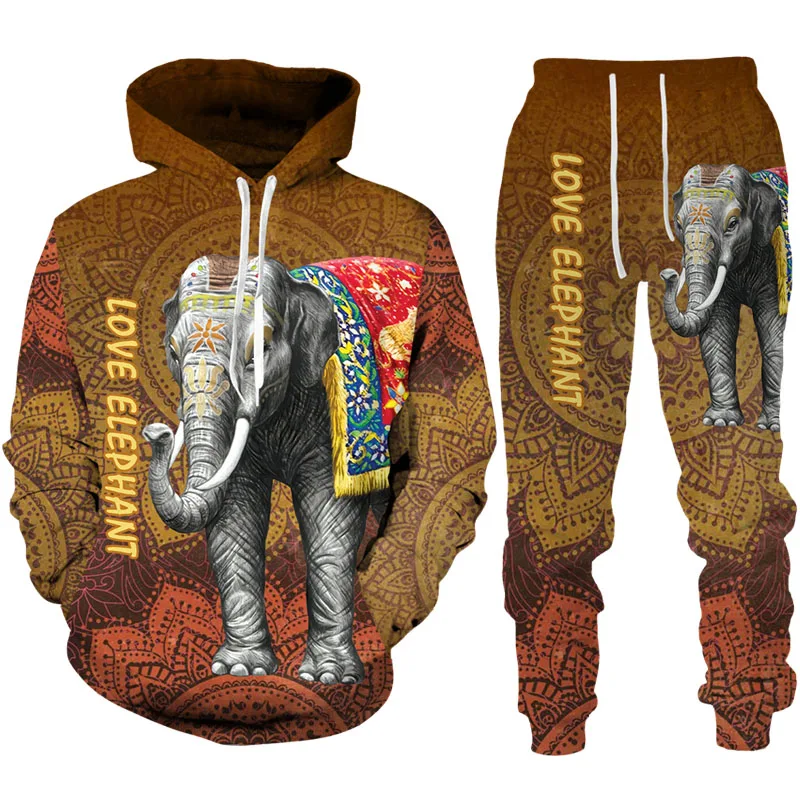 Autumn African Elephant 3D Printed Hoodie Suit Men Sweatshirts Sweatpants Casual Fashion Two Piece Tracksuit Set Men\'s Clothing