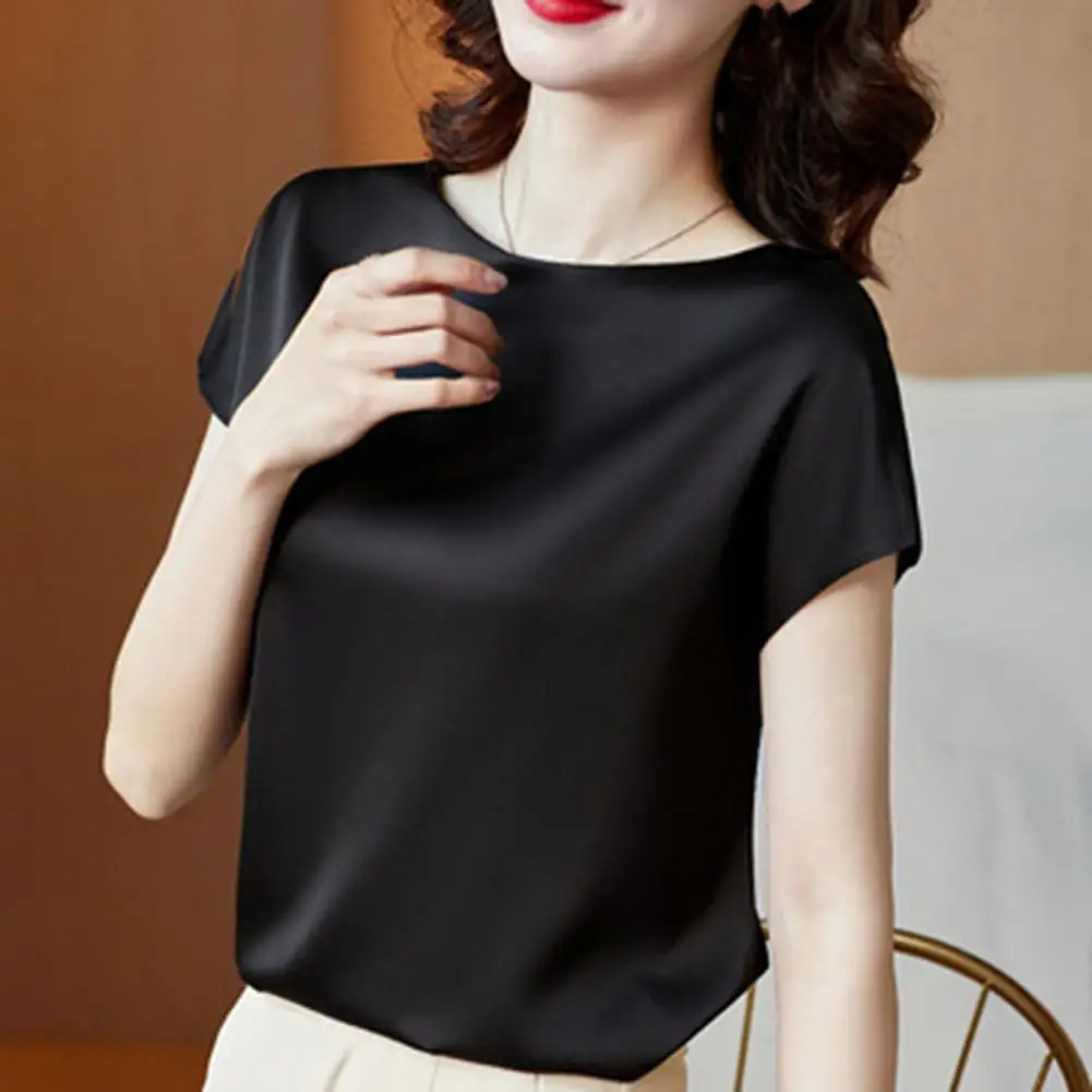 Stain T-shirt Solid Color Women Bottoming Blouse Elegant Office WomenBlouse Smooth Tops For Work Round Neck Short Sleeve Loose