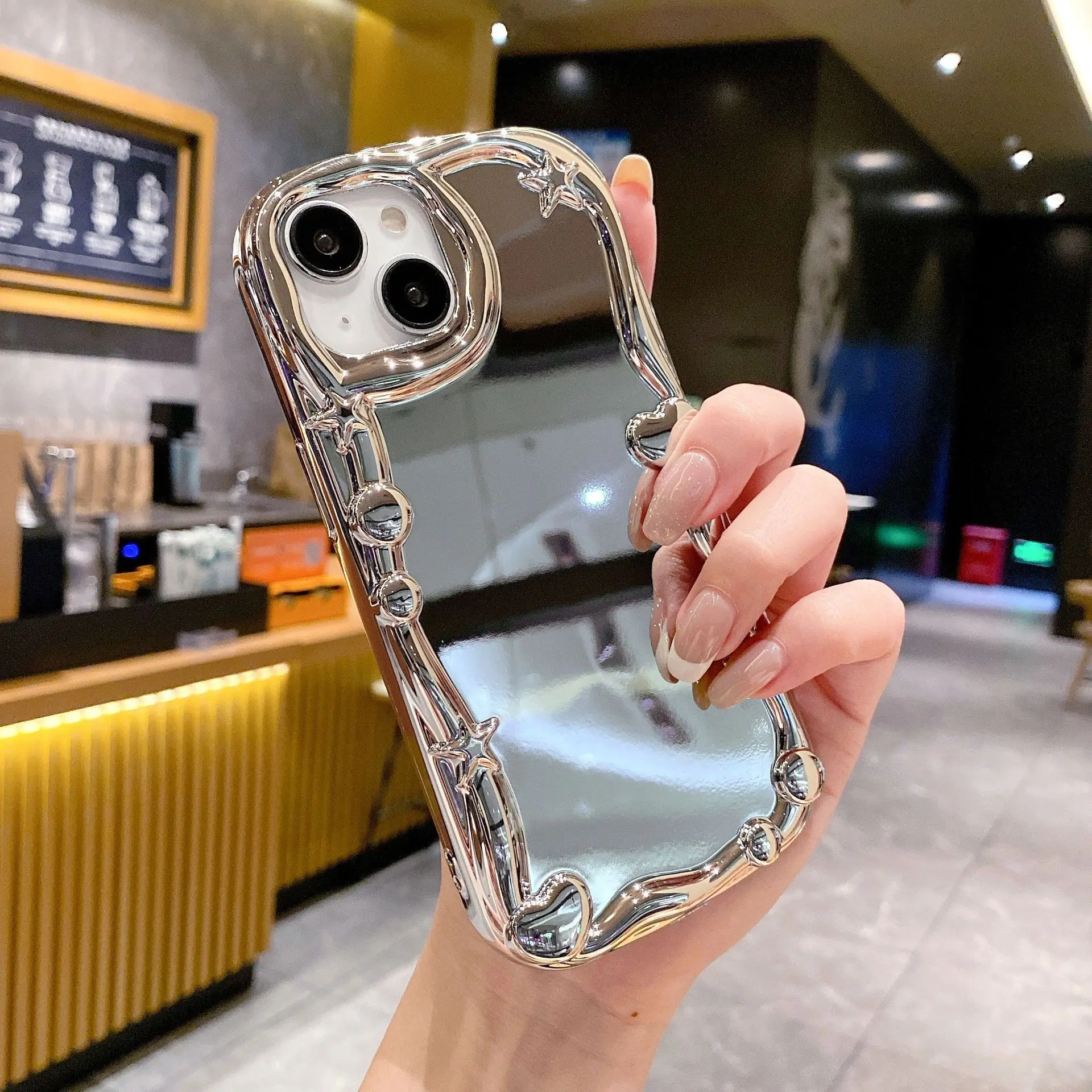 

50PCS Creative Plated Mirror Silicone Case For iPhone 12, 13, 14, 15, 11, 7, 8, Anti-drop Ins-style Stars Heart Wave Back Cover