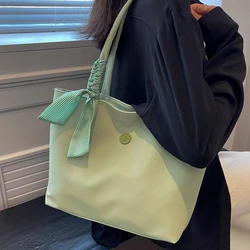 Women Small Tote Bag Bow-Decor Solid-Color Aesthetic Shoulder Bag Handbag Waterproof Shopping Bag For School And Everyday Life