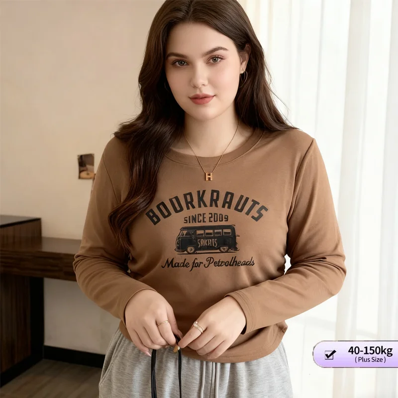 ‌【Oversize Tshirt】 (40-150kg) American retro print long sleeve top women sexy slim fit plus size trendy casual wear‌ tshirt