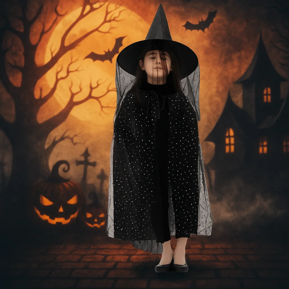 Creative Double Layer Halloween Cloak with Hat Robe Mesh Halloween Children Costume Cosplay Star Cape Hat Set Performance