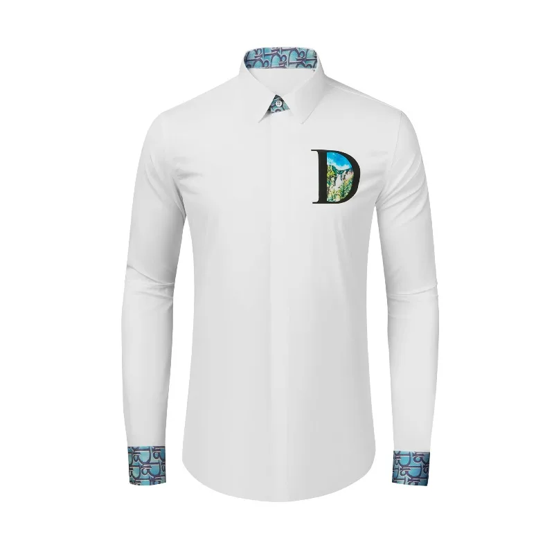 New Long Sleeve Blue Letter Inner Leader Front Print Landscape Fashion Men's Shirt One Piece Hair Collection