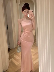 New Summer Fashion Pink Sweet Vacation Evening Fishtail Long Dress Women Clothes Sexy Strap Slim Party Prom Vestidos Robe Femme