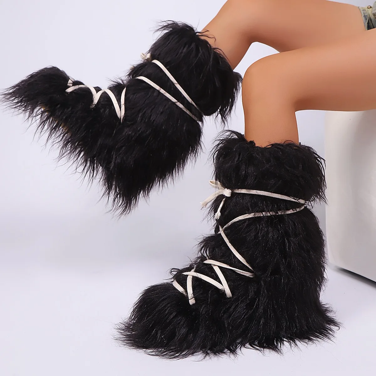 Y2K Women Faux Fur Moon Space Boots, Lace Up Shaggy Furry Snow Boots, Winter Warm Plush Ladies Boots