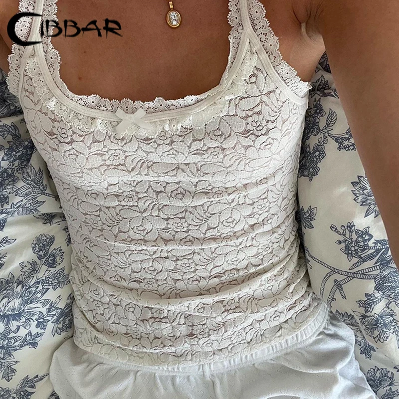 CIBBAR Chic Lace Floral Crop Top Women Vintage 2000s White Transparent Sexy Tank Tops y2k Clubwear Ladies Ruched Patchwork Tees