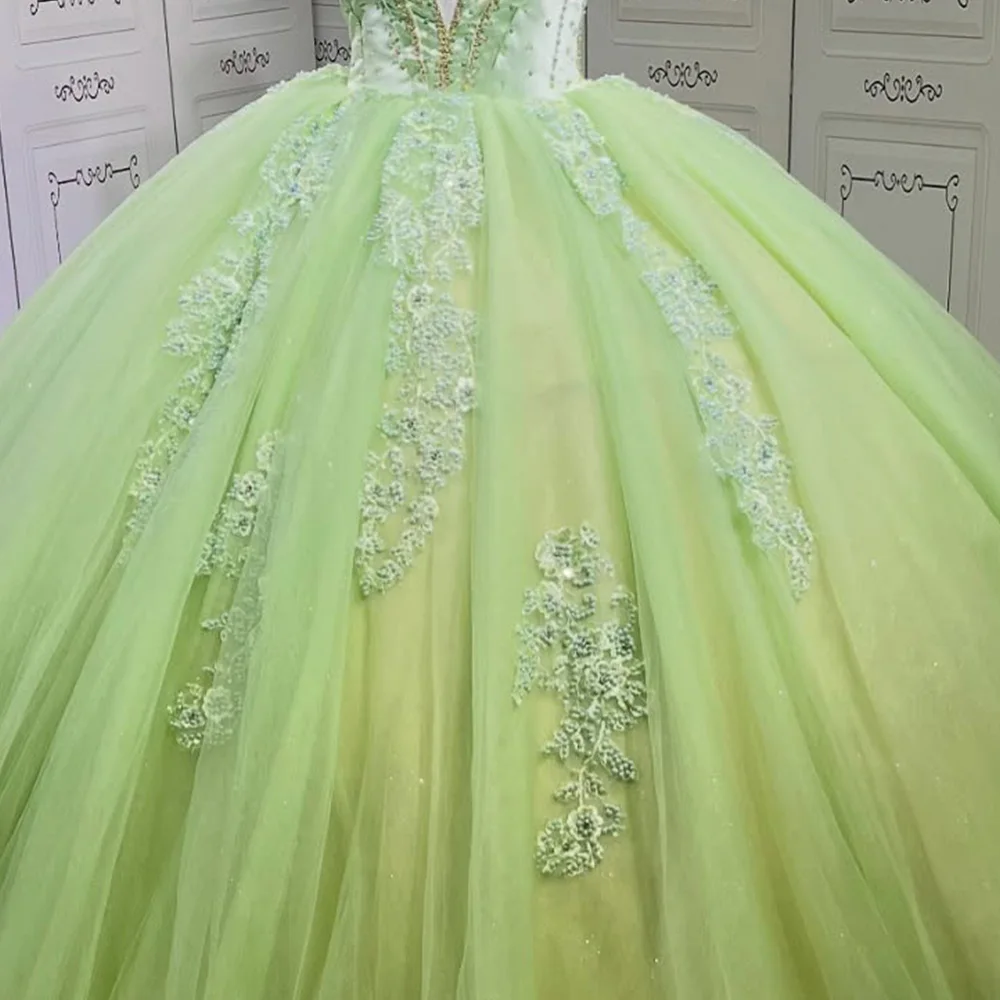 Sukienka Quinceañera na zamówienie, błyszcząca, zielona, balowa, bez rękawów, z cekinami, zdobiona koralikami, gorset, Sweet 16, Vestidos De 15 Años LSMU62