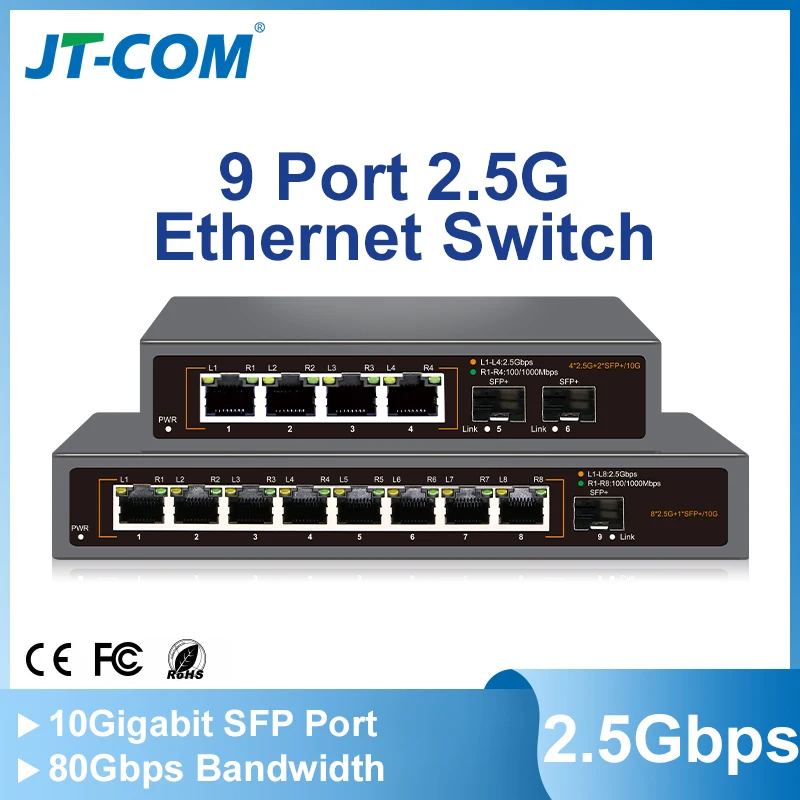 Przełącznik sieciowy 2.5GbE, 4 porty 2.5G RJ45 z 2 portami 10G SFP+, przełącznik Ethernet bez wentylatora, Plug and Play, do montażu na biurku lub na ścianie.