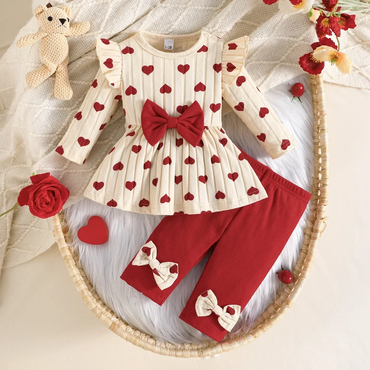 Newborn Baby Girl 2Pcs Outfit Heart Print Ruffle Long Sleeve Peplum Top Bow Pants Valentine Photoshoot Casual Clothing Set ZYD47