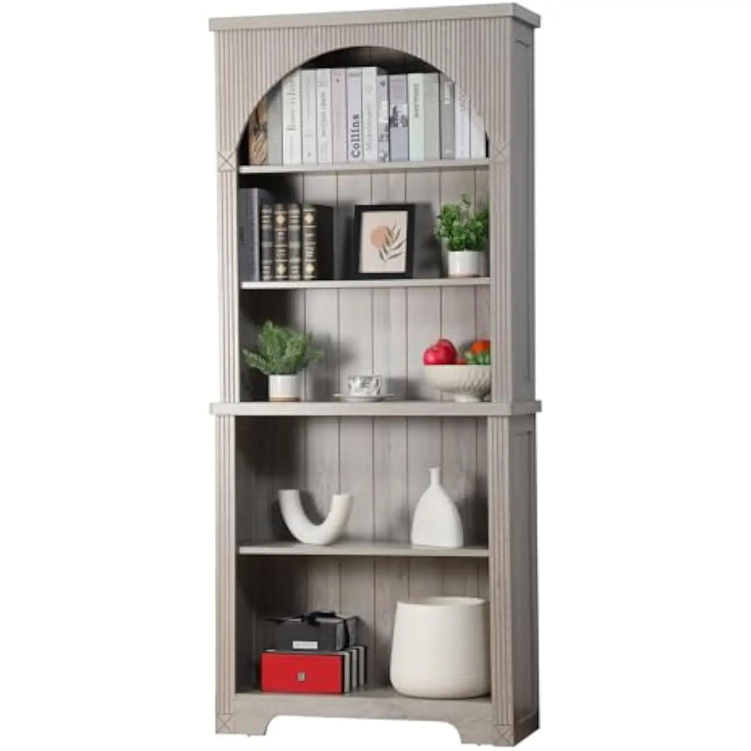 

71" Tall Arched Bookcase,Grey 5 Tier Wooden Bookshelf,Arched Storage Cabinet for Living Room,Bedroom