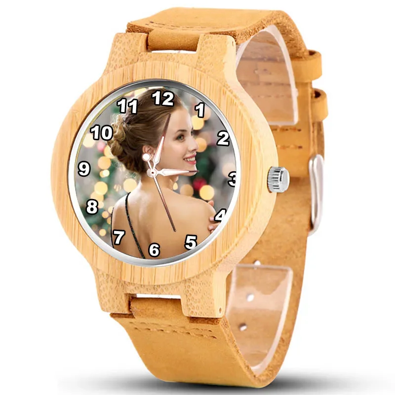 A 3316M Bamboe Hoes Lederen Band Print Met Uw Eigen Foto Groot Formaat Hout Heren Aangepaste Horloge