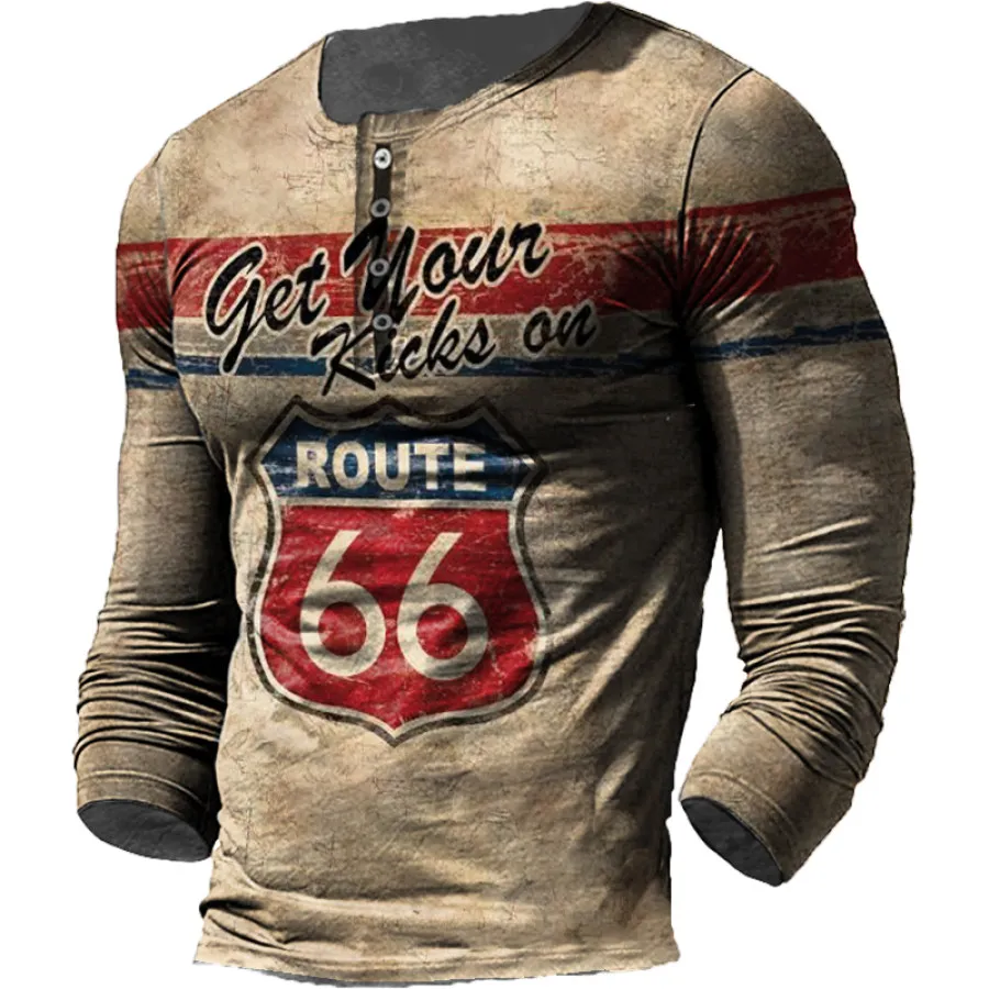 Vintage Men\'s T Shirt Long Sleeve Cotton Top Tees USA Route 66 Letter Graphic 3D Print T-Shirt Fall Oversized Loose Clothing 5XL