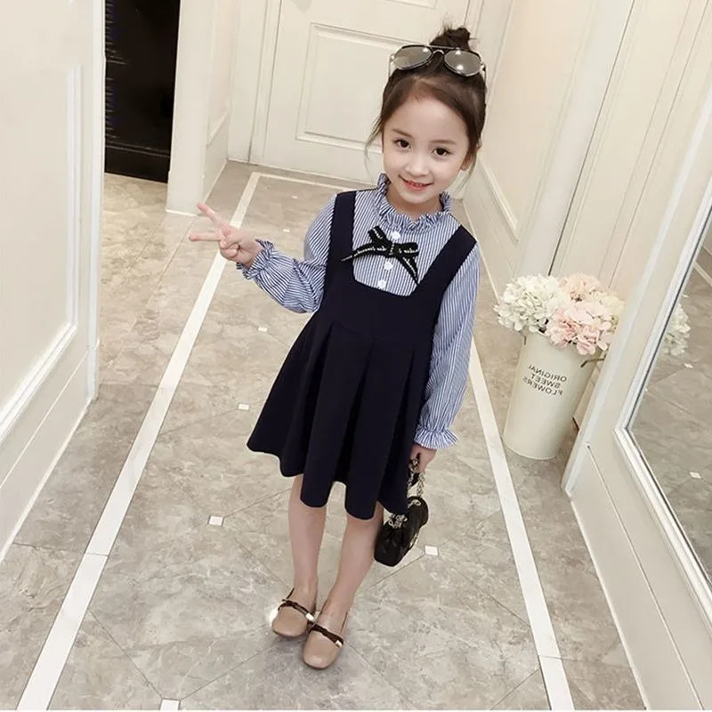 Spring Autumn Fashion High Collar Long Sleeve Fake Two Pieces Children's Clothing Casual Versatile Western Korean Girls Dresses