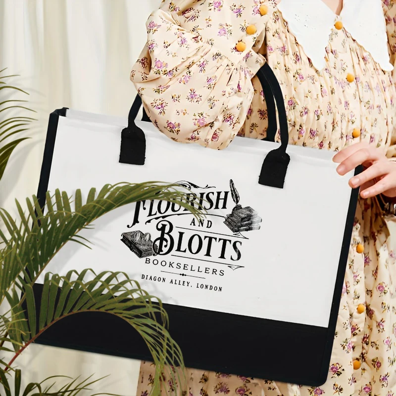 Flourish Blotts Printed Tote Bag Organizer Large Capacity Storage Shoulder Bag Lunch Box New Travel Handbag Gift for Book Lovers