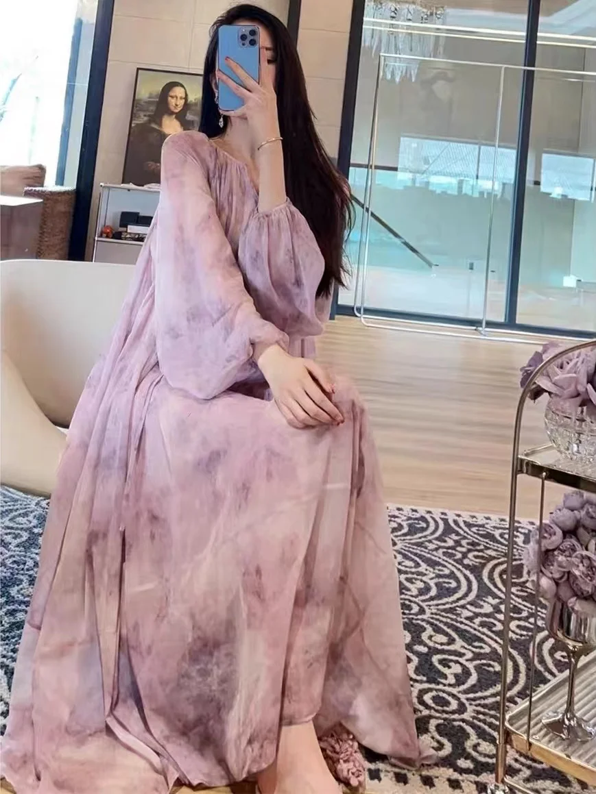 Elegante abito longuette da vacanza con stampa floreale viola estiva francese per donna con lacci O collo manica a sbuffo in Chiffon allentato Boho Vestidos