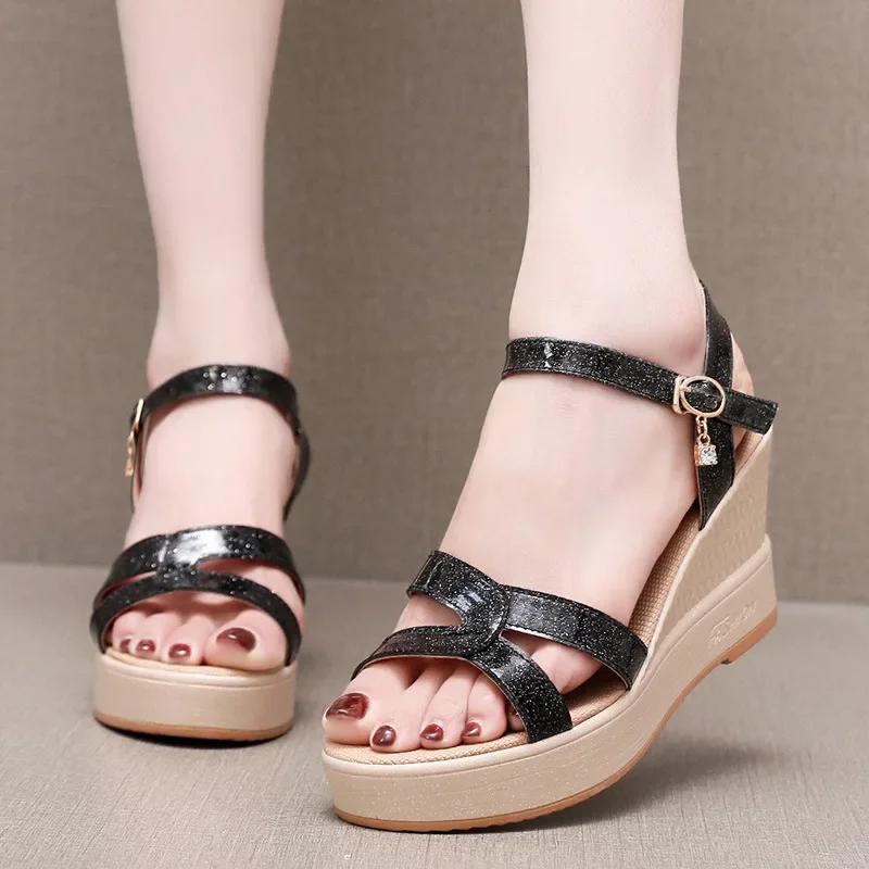 New Comfortable Bling Split Leather Shoes Women\'s Platform Wedges Sandals Summer 2024 High Heels Sandals for Office Beach Mom