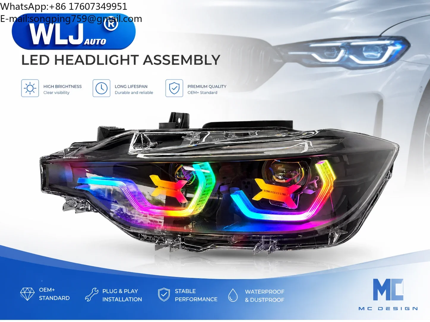 WLJ Headlight Assembly for BMW 3 Series F30 F35 2012-2018 Upgrade RGB LED DRL with LED Projector Lens
