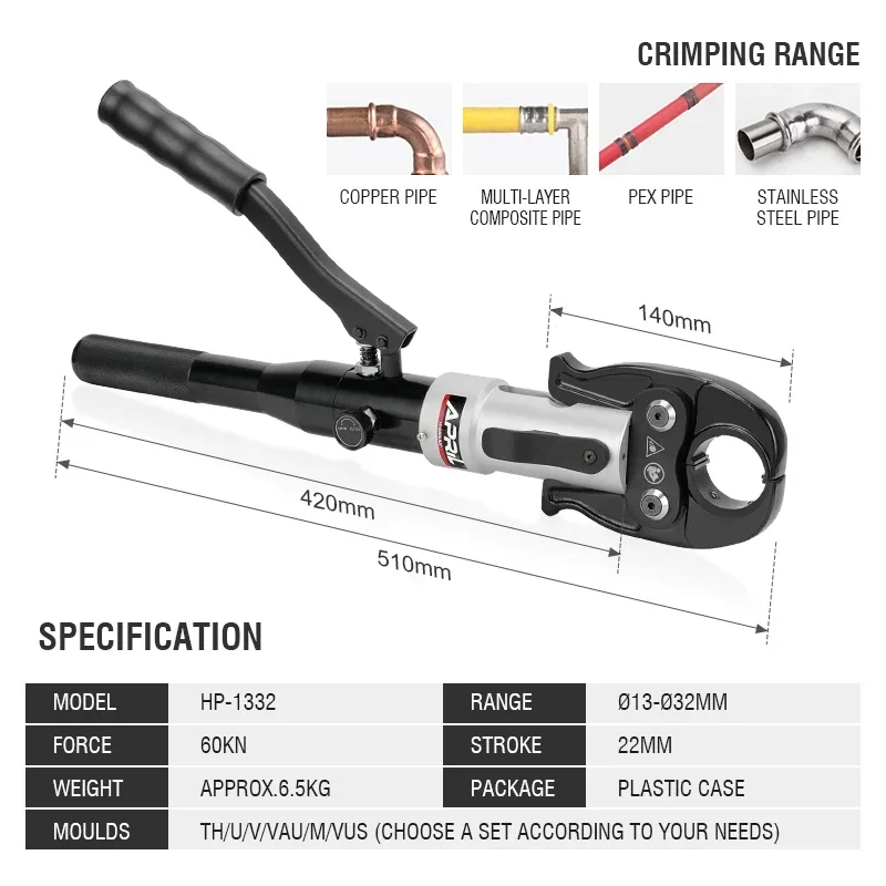 Copper Tube Fittings Hydraulic Pipe Crimping Tool with 1/2 3/4 1 Jaw Pipe Press Crimpers Suit for Narrow Space and Tee Fitting