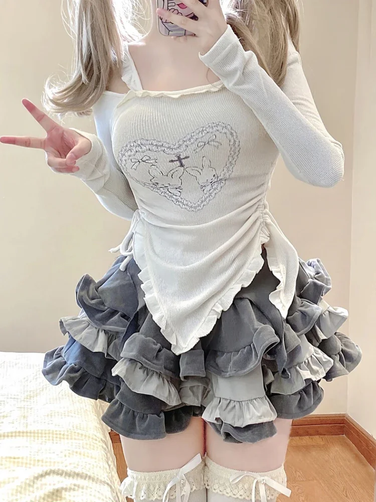 Jesienny Japoński Kawaii Dwuczęściowy Zestaw Damski Słodki Króliczek Nadruk Uroczy Zestaw Spódnicowy Damski Koreański Wąski Top＋Spódniczka Tort Księżniczki 2025