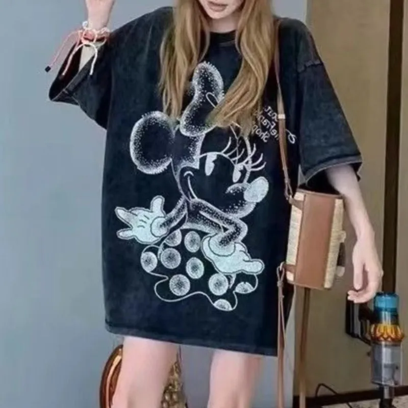 

Disney Mickey print Summer Lazy Style Fashion Top Sweet Cute Dopamine Design Hot Diamond T-shirt Women's Versatile New Trend Top