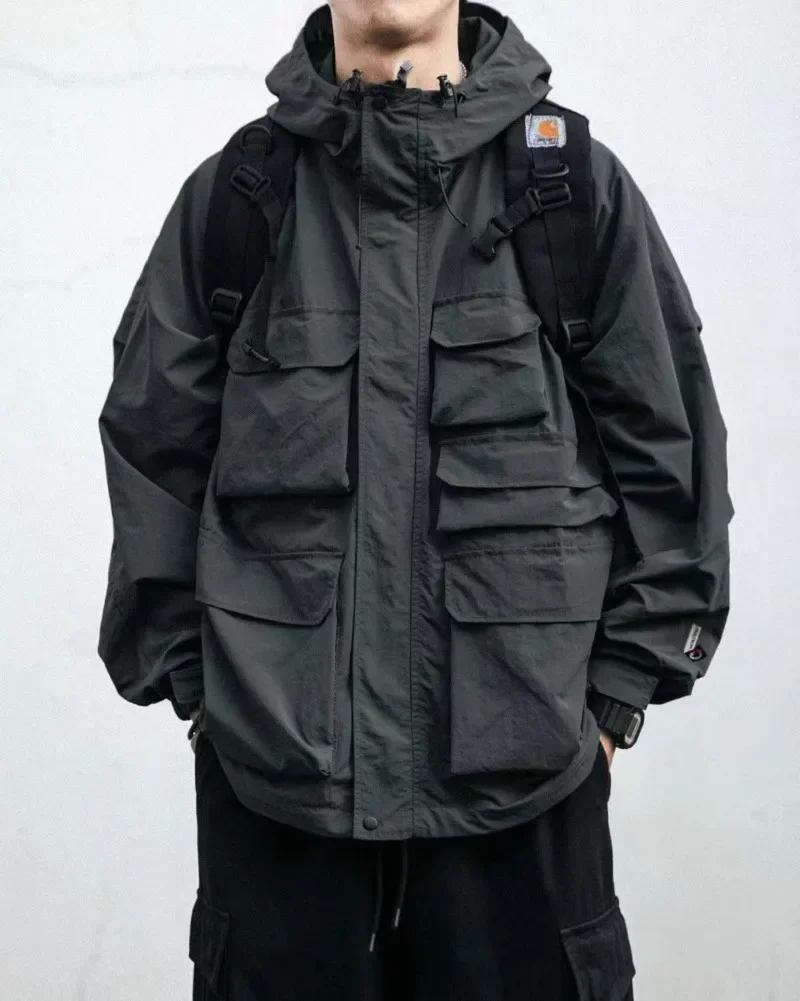 Sudadera con capucha de montaña para hombre, ropa de calle con múltiples bolsillos, chaqueta de carga informal japonesa Harajuku, abrigos negros a