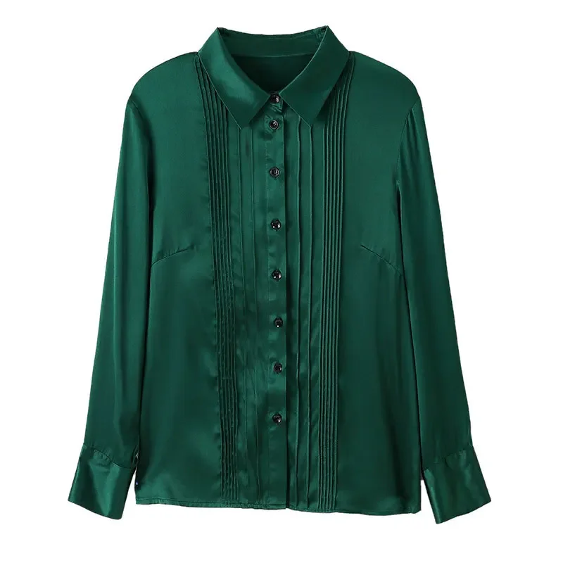 

2022 Women Long Sleeved Real Silk Shirts Office Lady Green Blosses and Tops