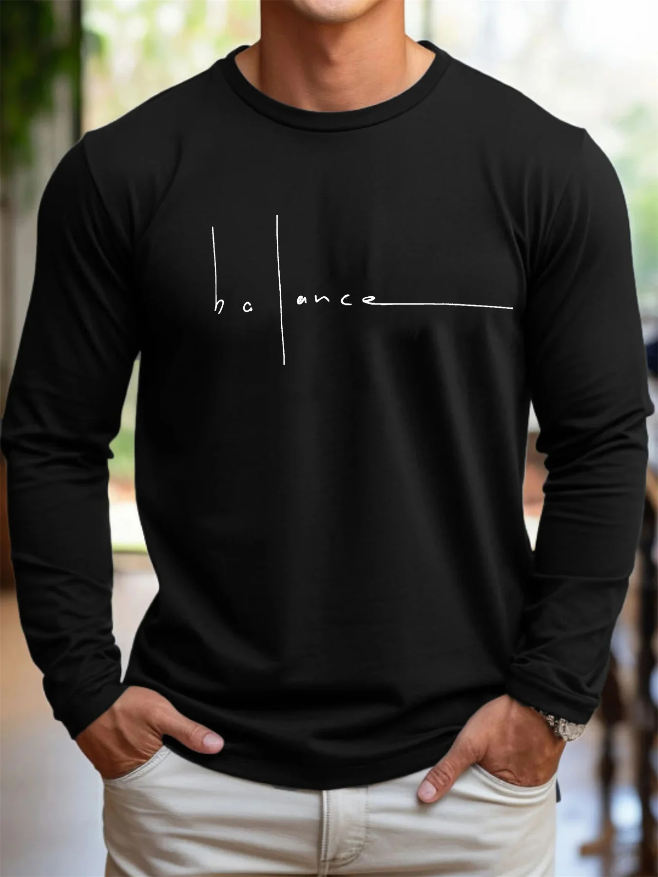 100 Cotton Men's Long Sleeved Round Neck Loose Balance Letter Pattern Printed Autumn and Winter Casual Versatile T-Shirt Top