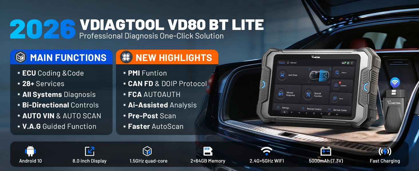 VDIAGTOOL VD80BT LITE OBD2 Scanner All Systems Automotive Diagnostic Tool Bidirectional Scanner 28+ Resets FCA&DOIP ECU Coding