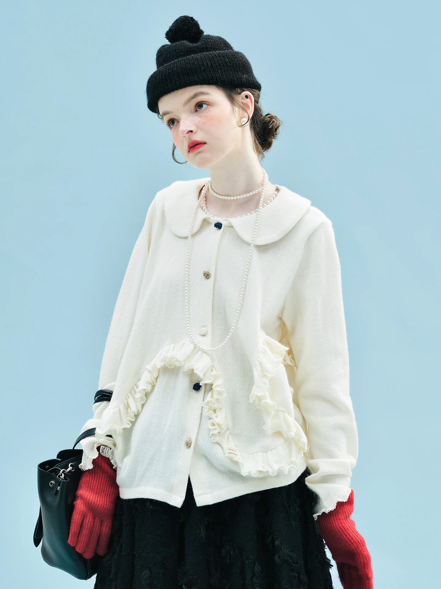 

Красный вязаный кардиган Ele с длинными рукавами, воротником-стойкой и кружевной отделкой, женский топ Iokoni, весенняя мода, мягкий нейлон, полиэстер