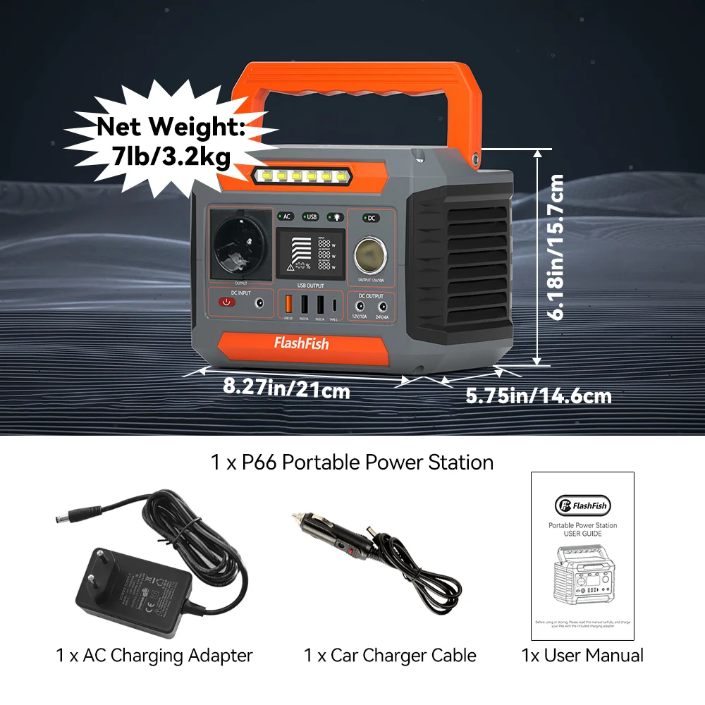 Station d'alimentation portable P66 600W Peak, générateur solaire avec 2 ports DC, 4 ports USB, lumières LED, batterie de secours pour le camping