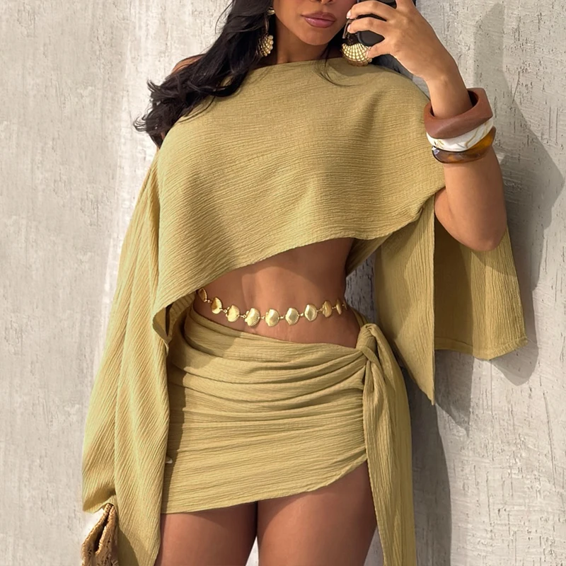 

Sexy Skew Collar Crop Top & Lace-Up Skirt Suit Women Casual Flared Sleeve Solid 2Pc Outfits Elegant Draped Slim Mini Skirt Sets