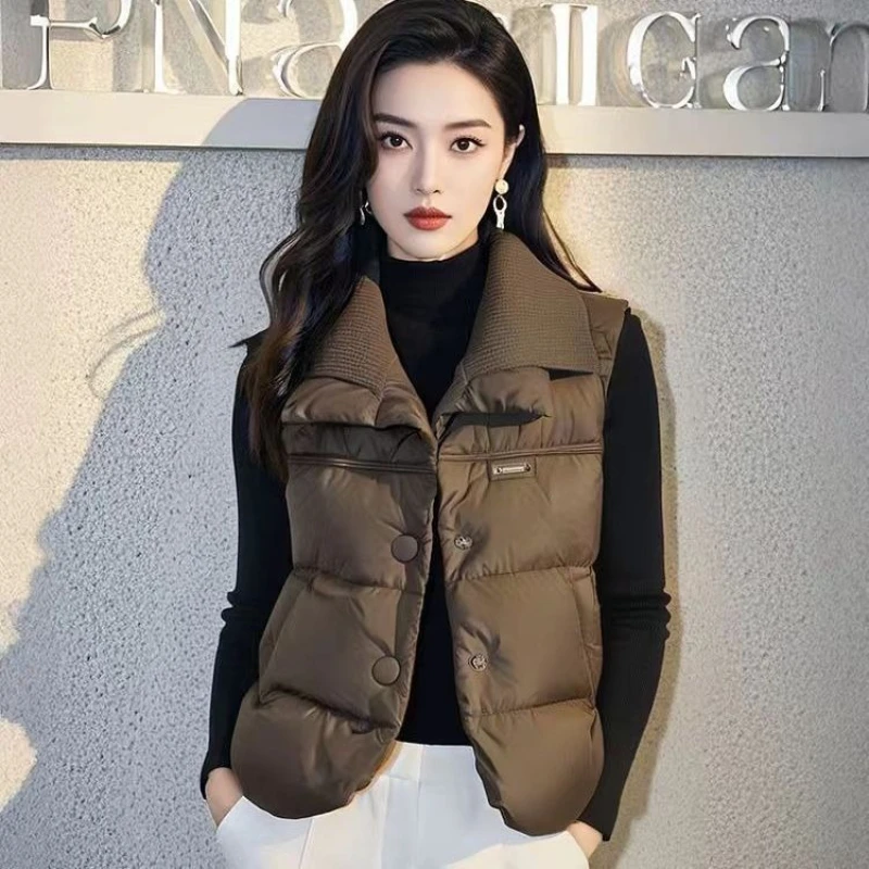 Autumn Winter Women Down Cotton Vest Knitted Splicing Double-layer Collar Sleeveless Jacket Loose Outer Wear Female Waistcoat