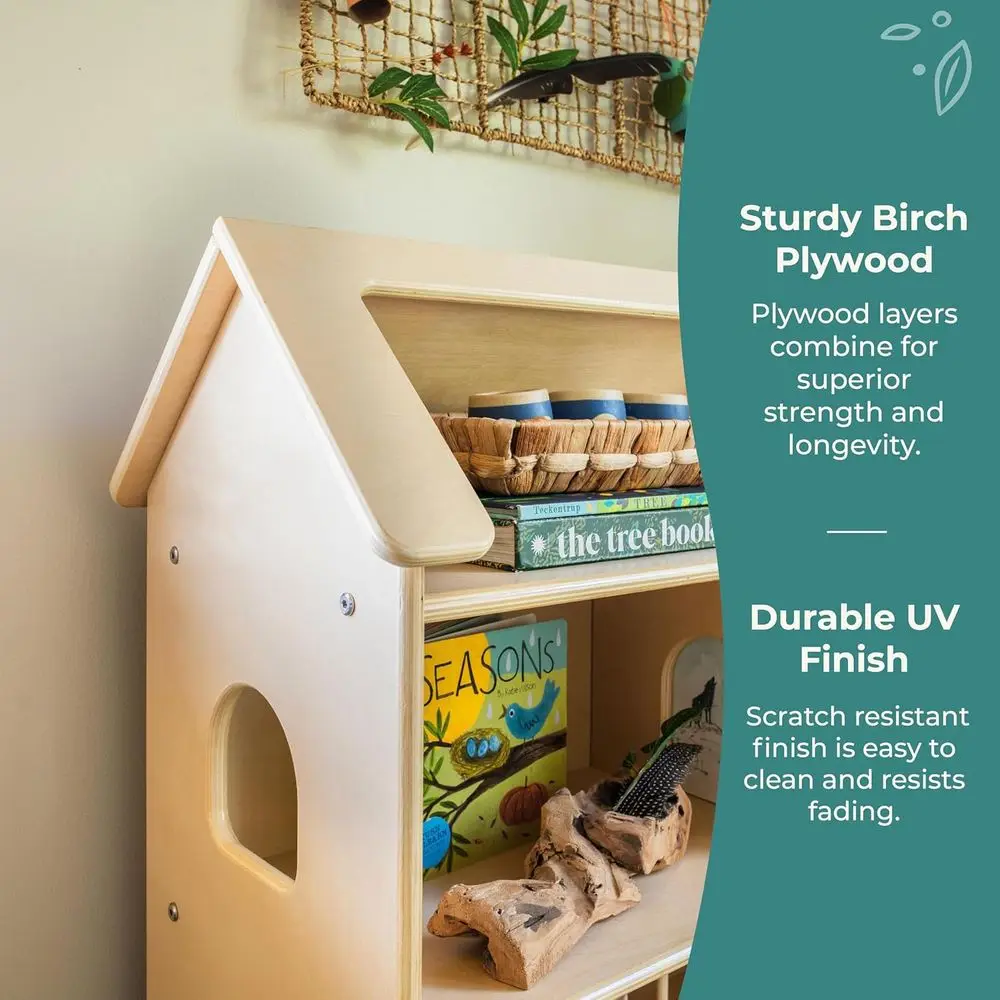 자연 목재 인형의 집 책장, 아이들 책, 인형 및 용품 보관함 포함