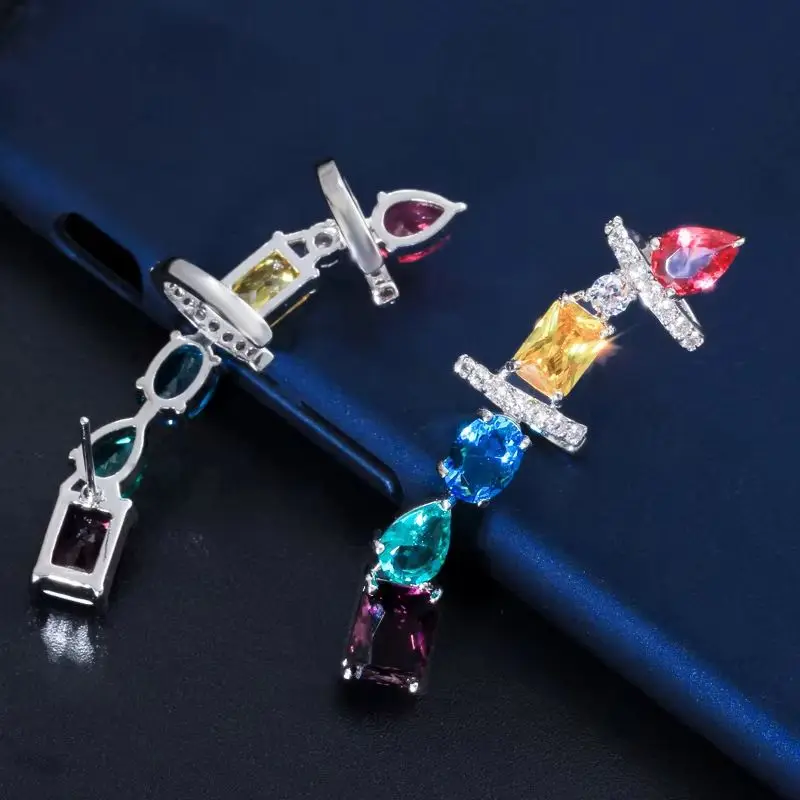 CWWZircons Rainbow Colorful Zirconia Long Dangle Earrings Luxury Multigem Cuff Stud Earring Wedding Party Ear Jewelry E0319
