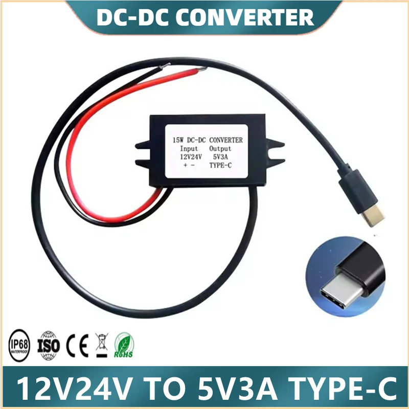 DC 12V/24V to 5V 3A 15W Step Down Converter Type-C Buck Module Power Adapter Compatible with Raspberry Pi 4, Cell Phones