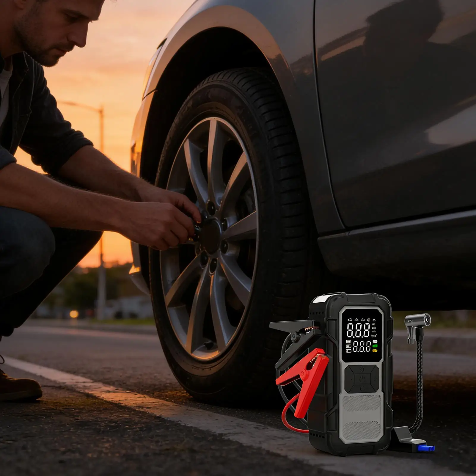 

Портативный стартер для холодной зимы, светодиодный светильник Power Bank, аккумулятор для автомобиля, стартер для накачивания шин, длительных поездок, городская дорога