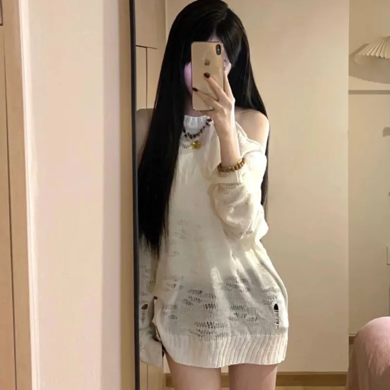 

Casual Loose Spring Korean Style Off Shoulder Comfort Sweater Women 2025 White Hollow Thin Knitted Top Sexy Streetwear