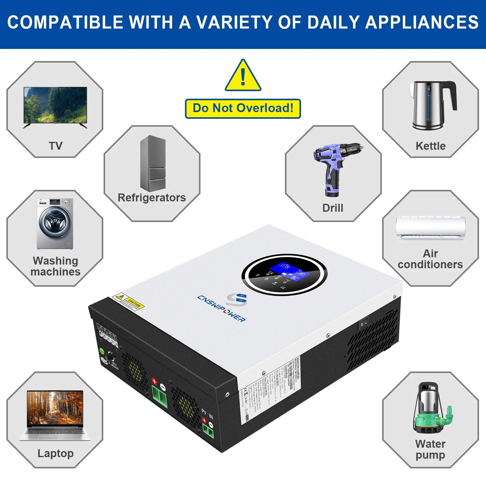 CNSWIPOWER Hybrid solar inverter 24V 220V-240V 3200VA 3000W Built-in 80A MPPT controller LCD screen