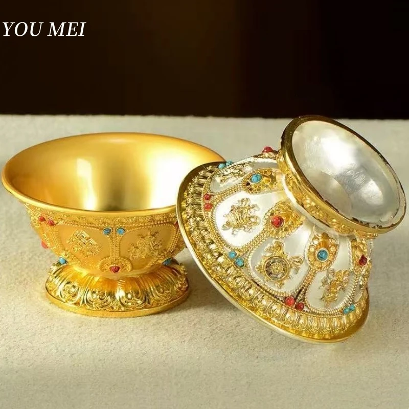 

Buddhism Altars Bowl,Engraving Eight Auspicious Inlaid Gem Alloy Bowl,Tibetan Holy Cup Buddhist Religious Item Decorative