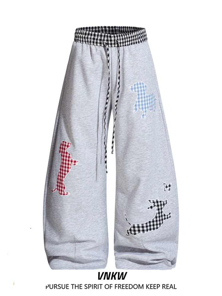 

American Retro Plaid Splicing Sports Casual Sweatpants Loose Silhouette Men Women Lazy Knife Hanging Long Pants Straight Tube