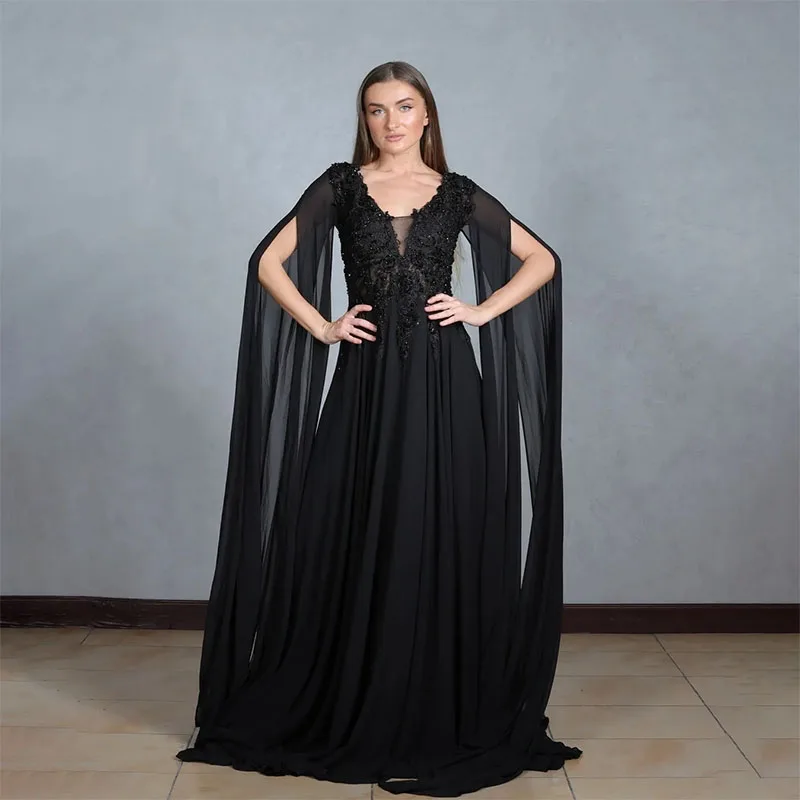 

Elegant Black Beaded Evening Dresses Lace Appliqued Prom Gowns With Long Sleeves Sheer V- Neck Sweep Train Chiffon Formal Dress