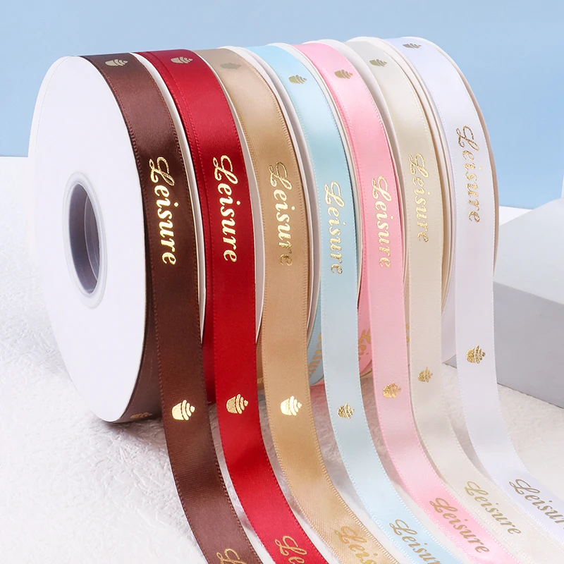 

free shipping Custom Printed gold letters Flat Ribbon Personalized Logo Polyester Ribbon Wedding Birthday Satin Ribbons