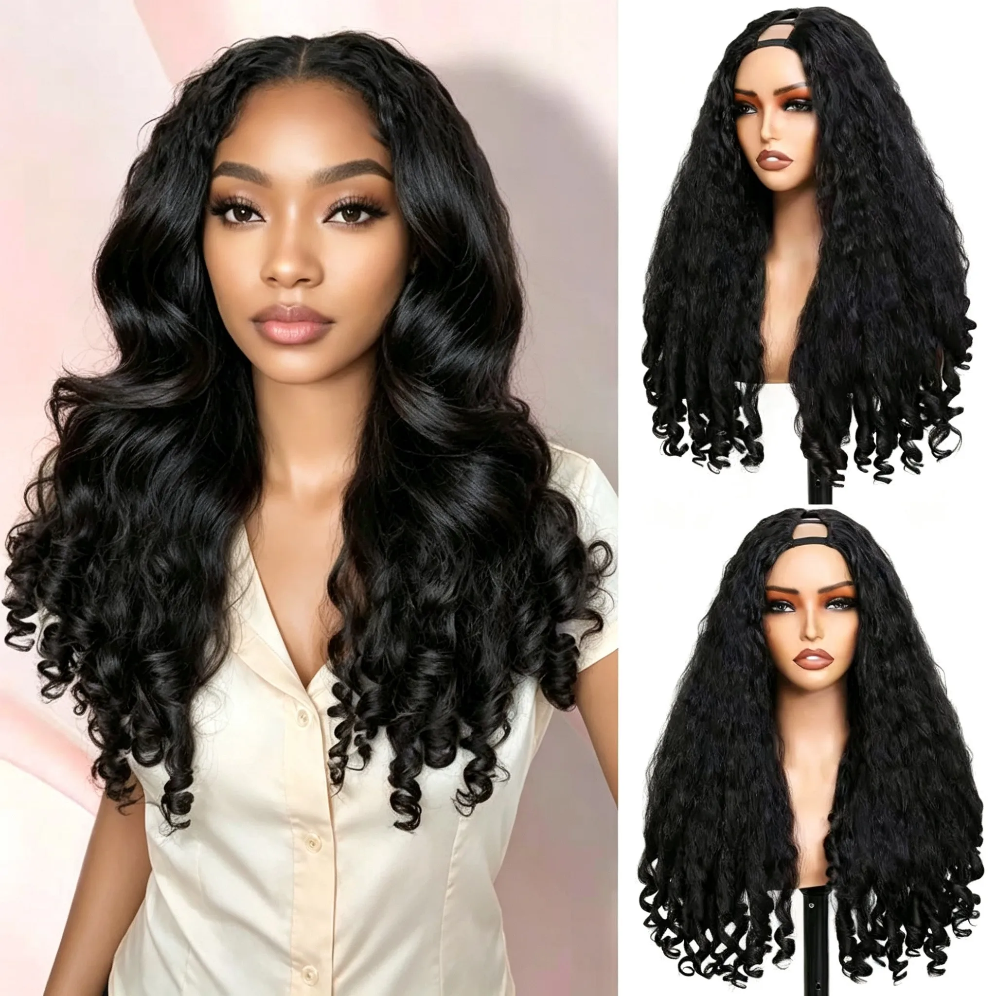 24 Inch YAKI Texture V‑Part Clip‑in Half Wigs, Bouncy Curls Synthetic Glueless Wigs for Women, No Leave Out, Easy Install, Soft