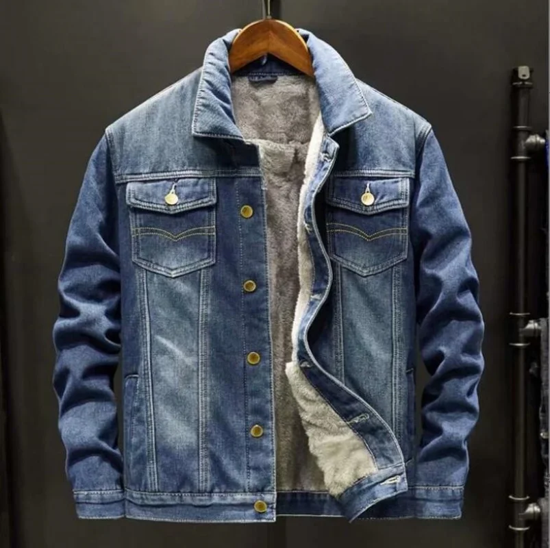 

2024 Autumn Winter New Fashion Casual Plus Fleece Thick Warm Men's Denim Coat High Quality Large Size Male Loose Jean Jacket