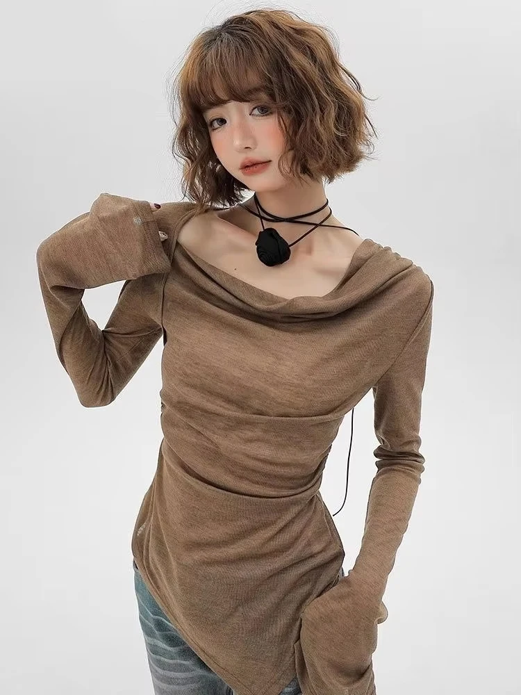 Y2k Slash Neck Tunic Solid T-shirt For Women Sexy Irregular Pleated Tshirts 2025 Ropa Mujer Temperament Flare Sleeve Korean Tops