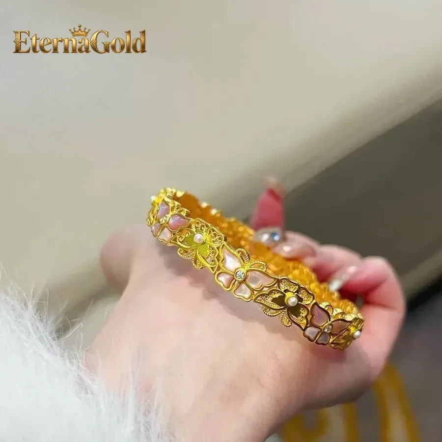 

Женский браслет EternaGold из 24-каратного золота AU999 с розовыми цветами и бабочками | Древняя резная бабочка на розовых хрустальных цветках, романтичная.