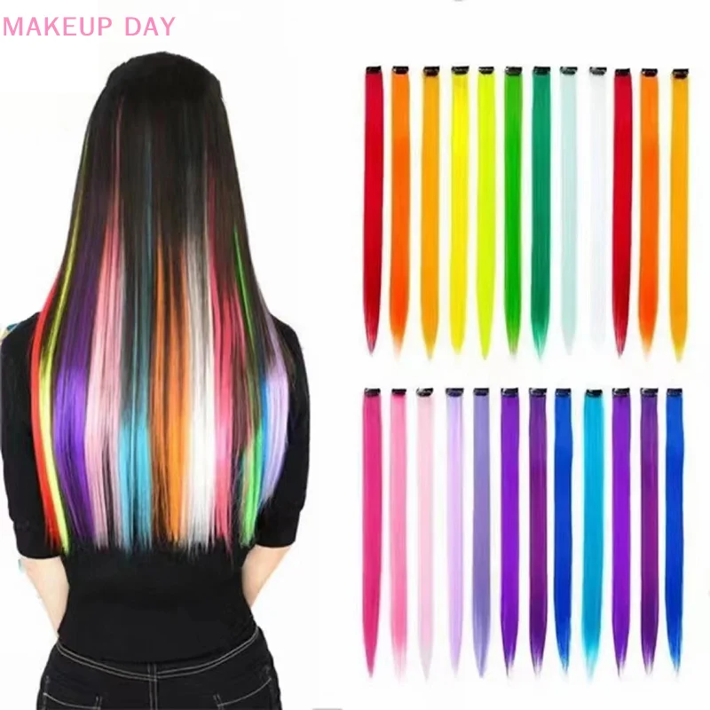 Straight Colored Clip In One Piece Hair Extensions Rainbow Color Synthetic Girls Fake False Clip On Hair Pieces