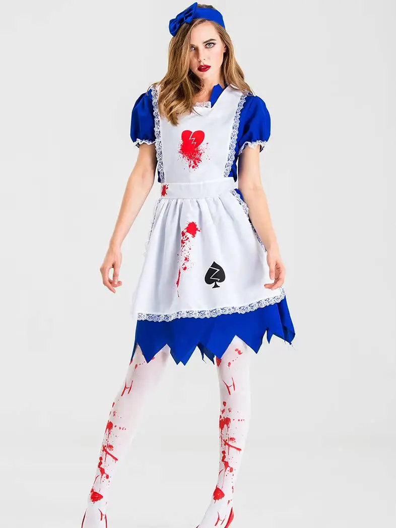 زي الهالوين الكسول للبالغين، زي خادمة ملون بالدم، ملابس نسائية كبيرة الحجم، أداء المسرح، دكتور صيني تقليدي #1